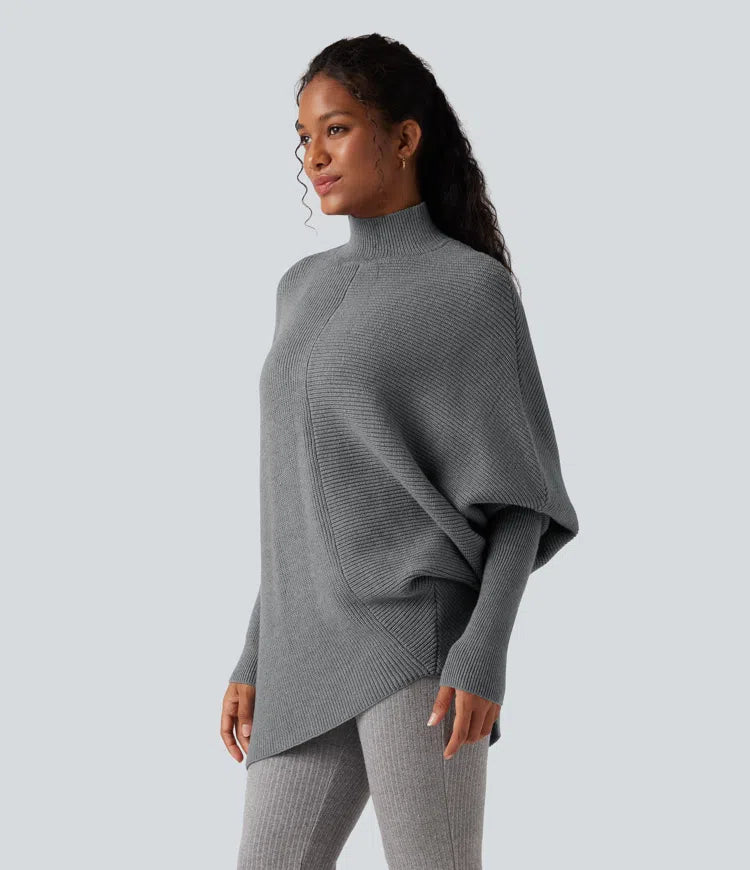 High Neck Batwing Long Sleeve Asymmetric Hem Work Sweater