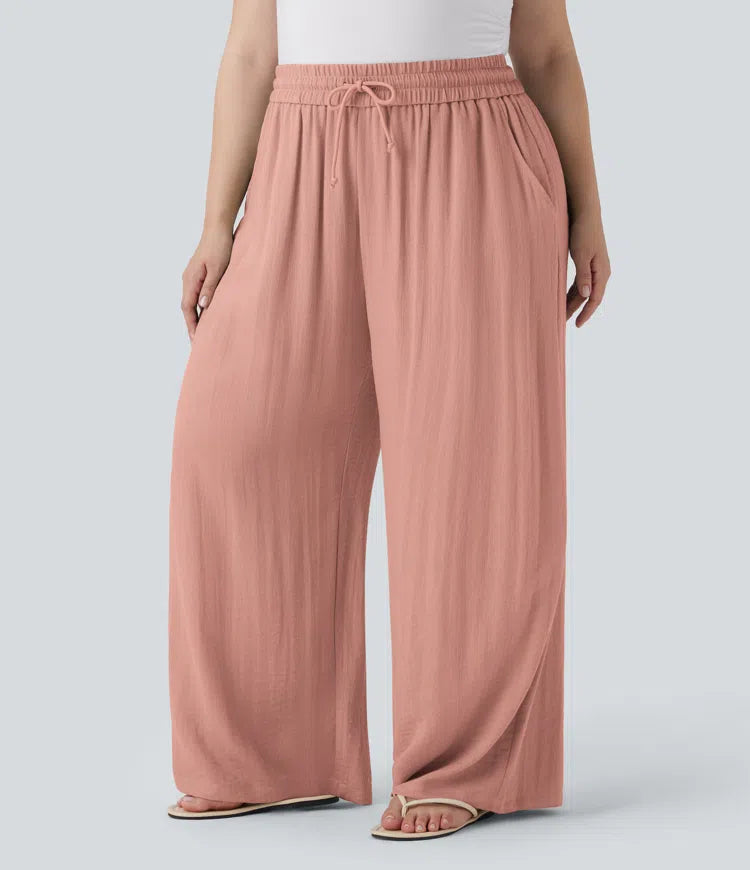 High Waisted Drawstring Linen-Feel Wide Leg Casual Plus Size Pants with Pockets