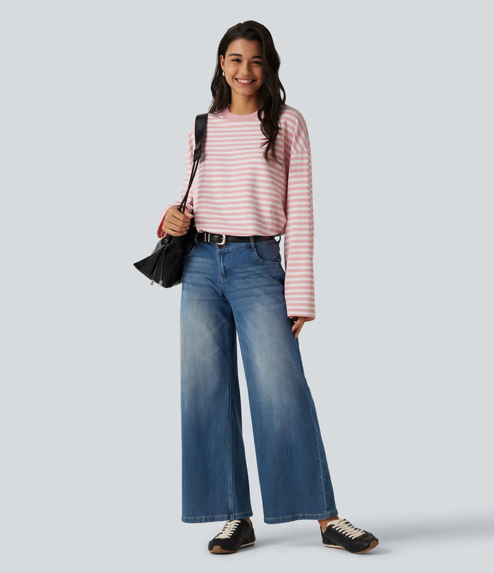 Round Neck Long Sleeve Stripe Waffle Casual Top
