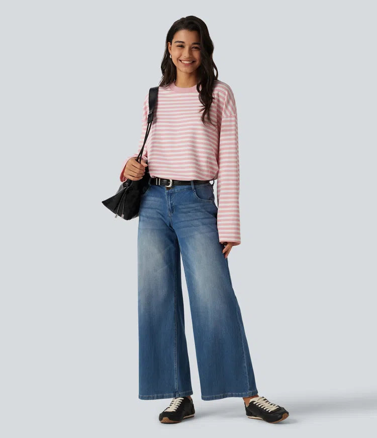 Round Neck Long Sleeve Stripe Waffle Casual Top