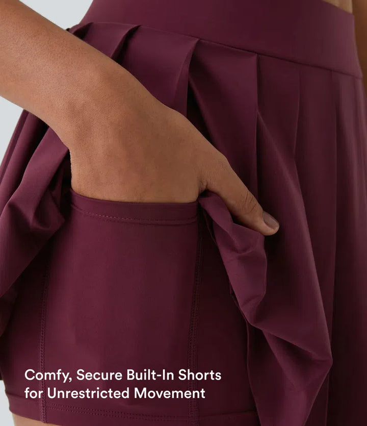 Breezeful High Waisted Pleated 2-in-1 Side &amp; Pocket Asymmetric Hem Quick Dry Mini Dance Skirt