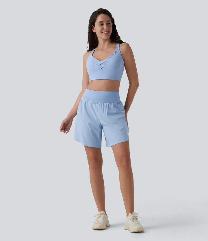 SoftlyZero QuickDry High Waisted Tummy Control Reflective Dots Crossover Hem 2-in-1 Running Shorts 7&
