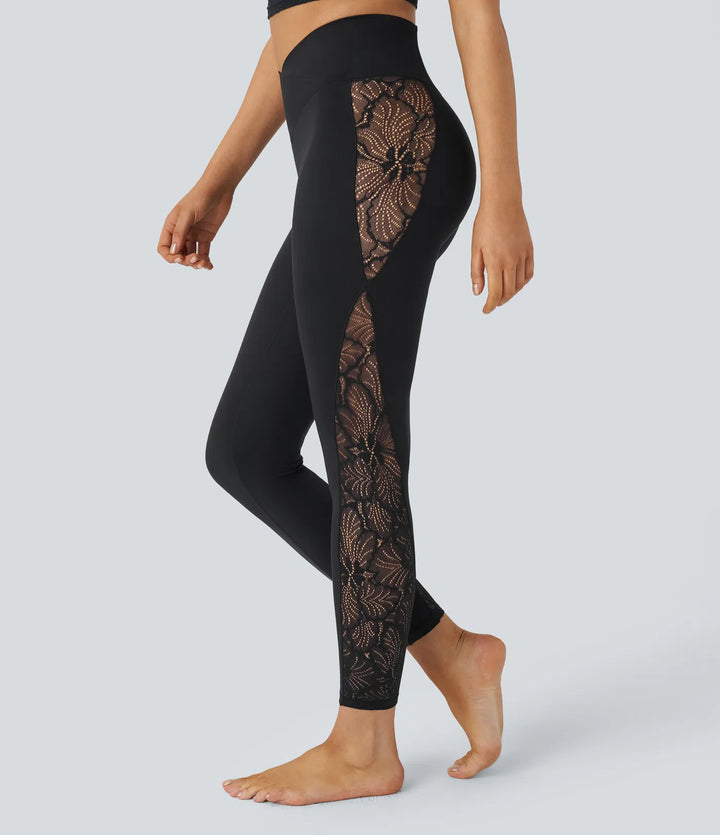 SoftlyZero High Waisted Crossover Contrast Lace Pocket Yoga Leggings