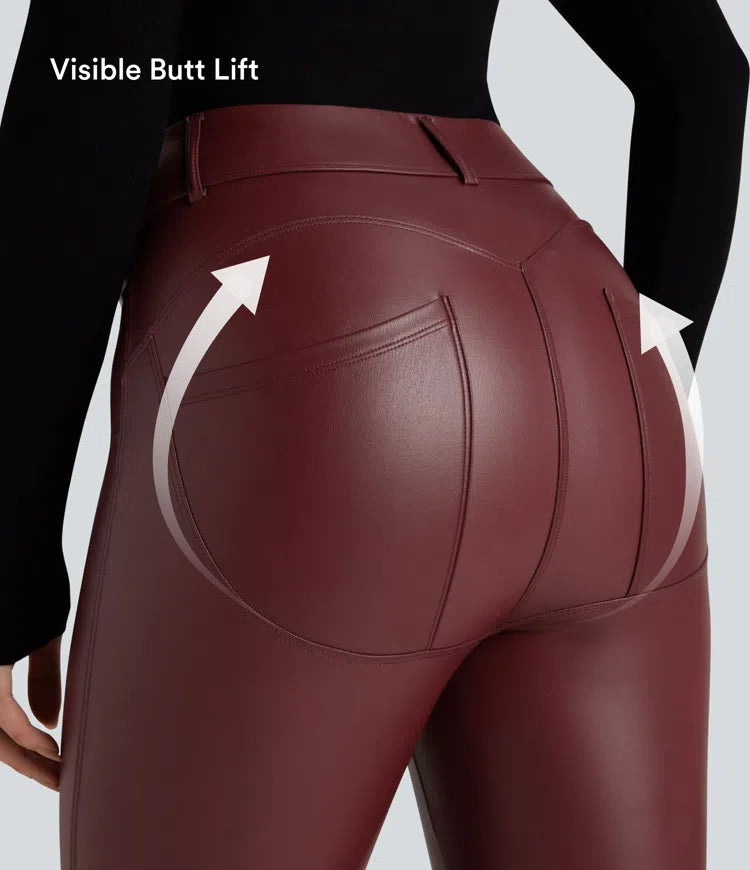 High Waisted Stretchy PU Fleece Casual Leggings with Pockets