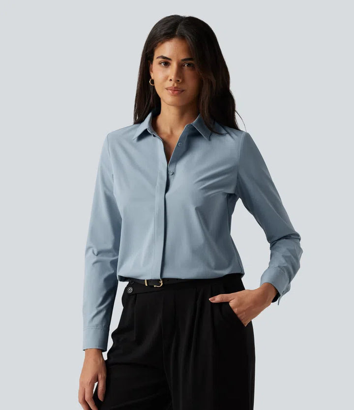 Collared Long Sleeve Curved Hem Work Shirt