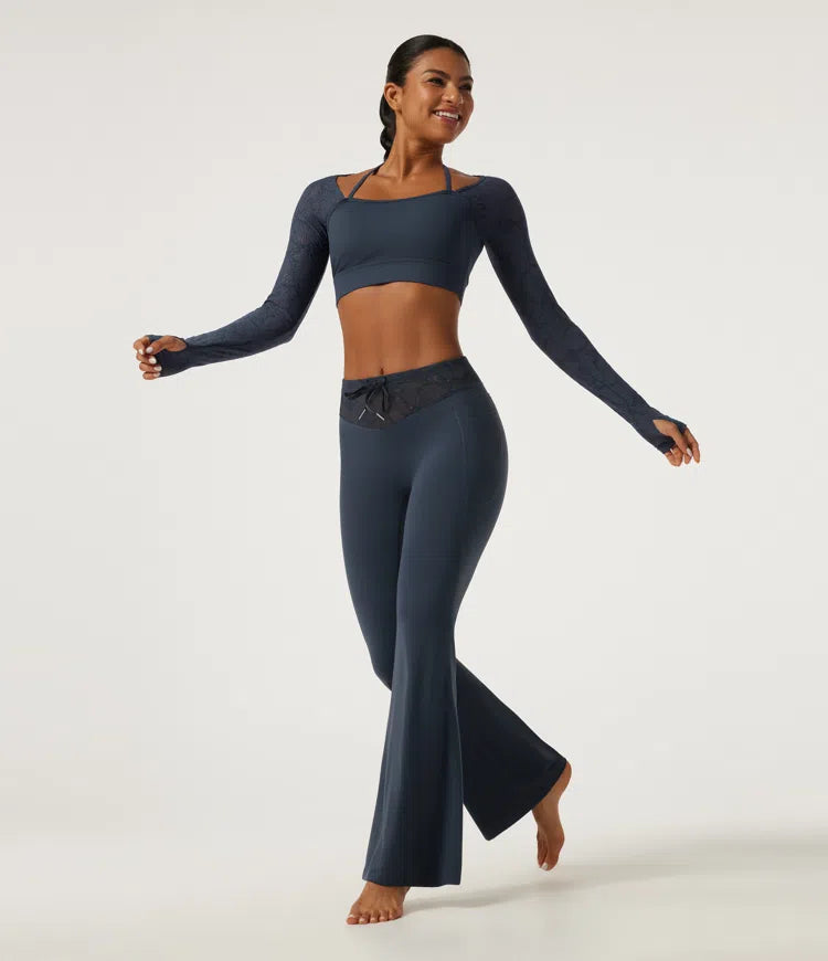 Halara UltraSculpt Mid Rise Drawstring Contrast Lace Flare Yoga Leggings with Pockets