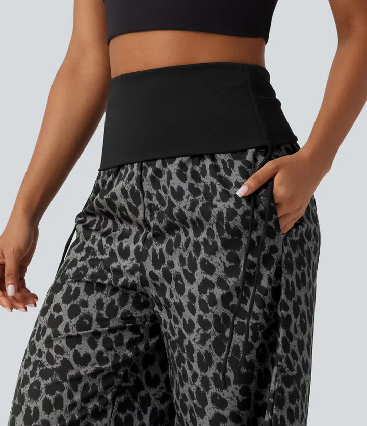 Foldover High Waisted Ruched Drawstring Baggy Leopard Print Casual Pants with Pockets