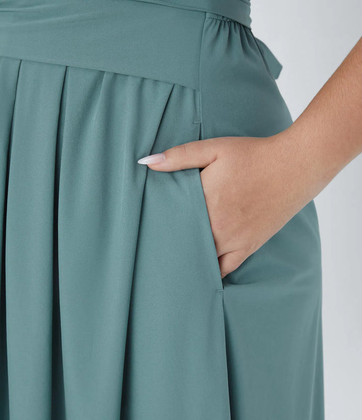 Breezeful V Neck Short Sleeve Pocket Tie Back Quick Dry Midi Casual Plus Size Dress
