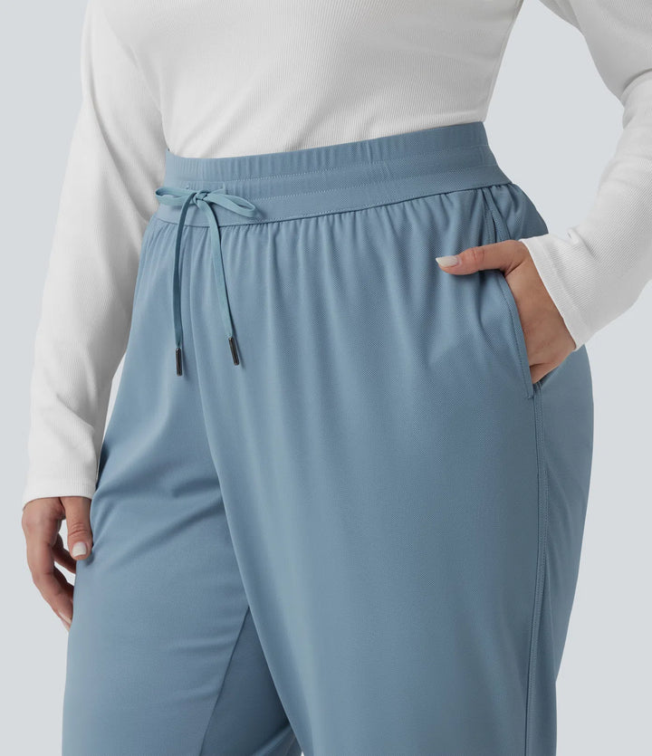 Plus Size Mid Rise Drawstring Curved Hem Quick Dry Golf Tapered Pants with Pockets-UPF40+