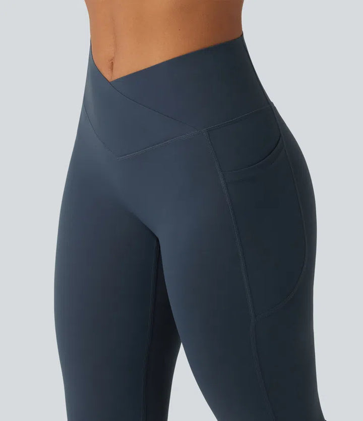 Halara UltraSculpt High Waisted Crossover Tummy Control Flare Workout Leggings with Pockets