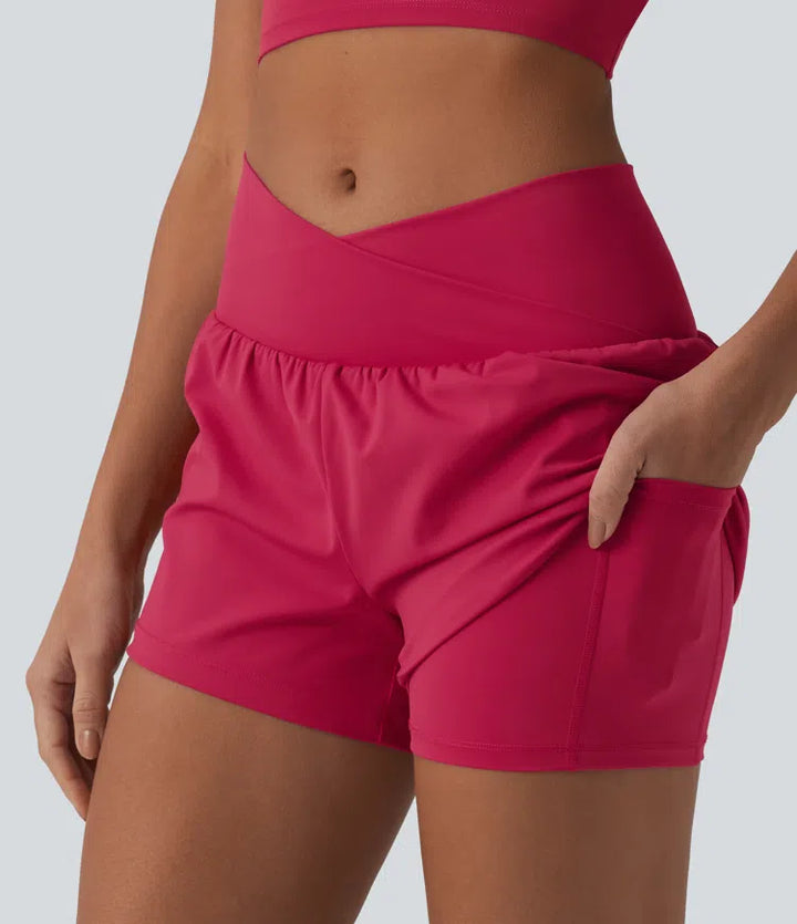 SoftlyZero Airy Crossover High Waisted 2-in-1 InstantCool Yoga Shorts 3&