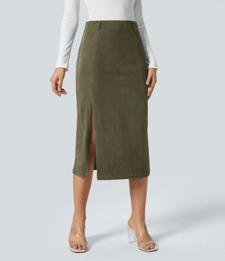 High Waisted Hem Midi Corduroy Casual Skirt