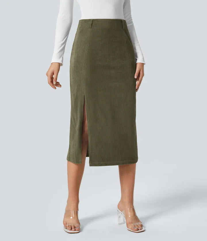 High Waisted Hem Midi Corduroy Casual Skirt