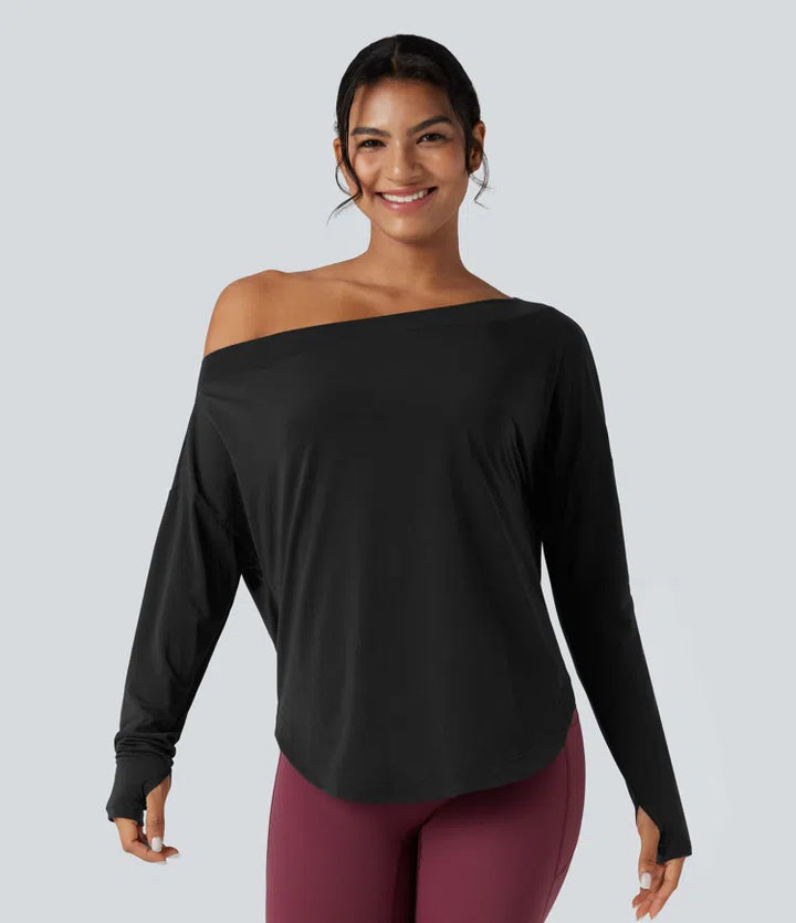 One Shoulder Long Sleeve Thumb Hole Curved Hem High Low Quick Dry Yoga Sports Top-Built-in Bra