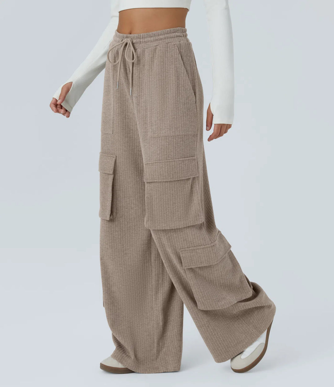 Ribbed Mid Rise Drawstring Pockets Wide Leg Cargo Casual Pants