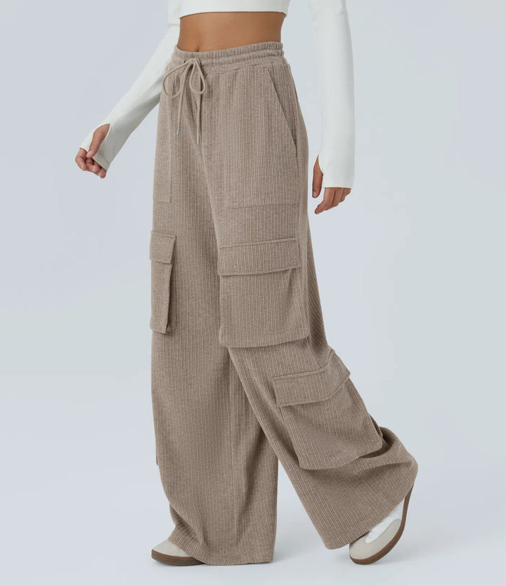 Ribbed Mid Rise Drawstring Pockets Wide Leg Cargo Casual Pants