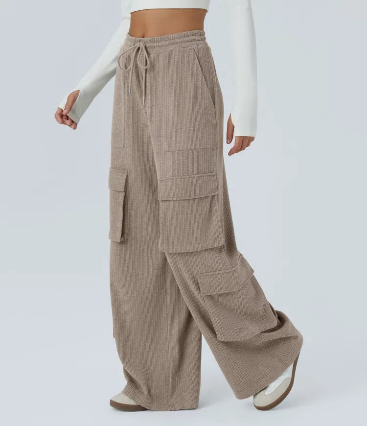 Ribbed Mid Rise Drawstring Pockets Wide Leg Cargo Casual Pants