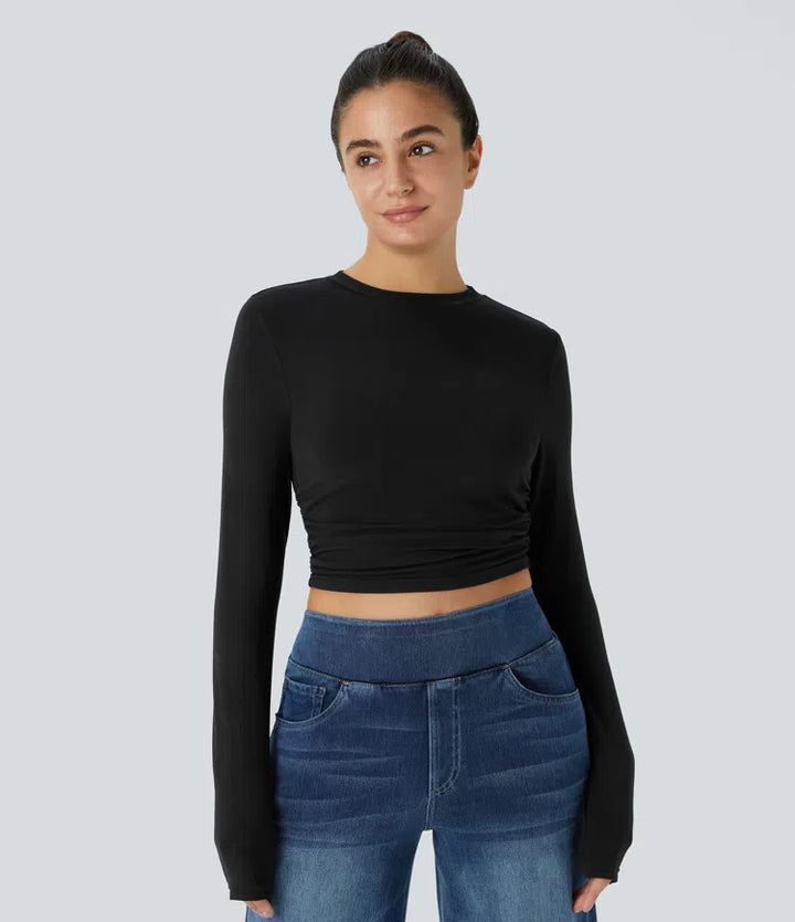Round Neck Long Sleeve Ruched Skinny Cropped Casual Top