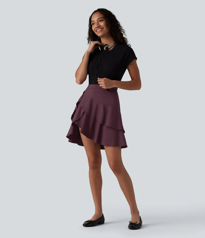SoftlyZero Airy High Waisted Tiered Ruffle Hem 2-in-1 InstantCool Longer Mini Casual Skirt with Pocket