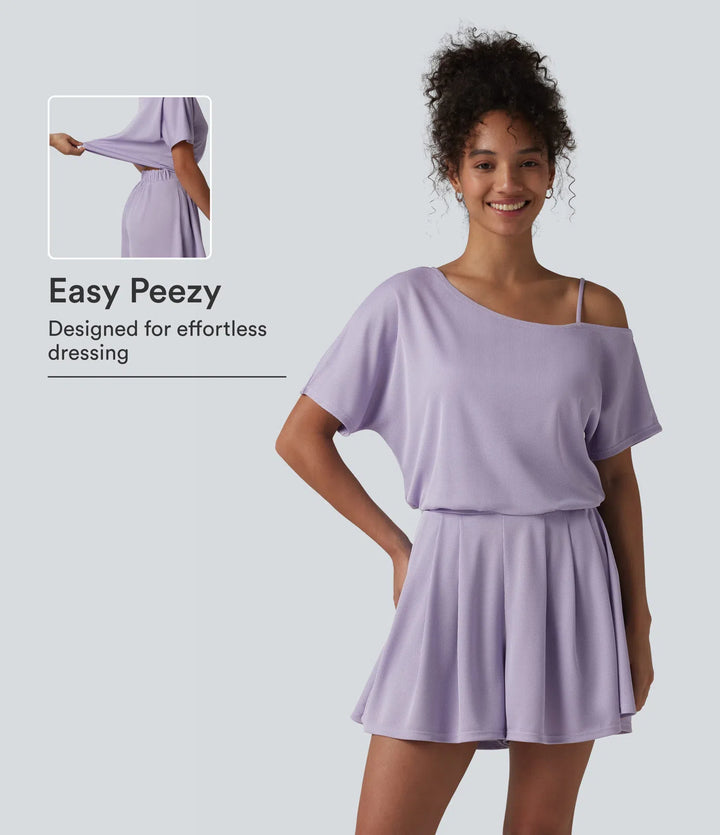 One Shoulder Short Sleeve Pleated Waffle Casual Romper with Pockets-Easy Peezy Edition