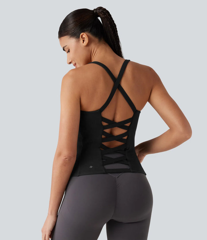Crisscross Backless Built-in Bra Running Tank Top-Longer Length A-D Cups