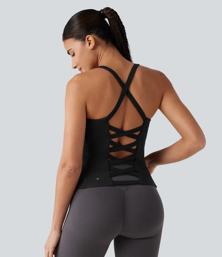 Crisscross Backless Built-in Bra Running Tank Top-Longer Length A-D Cups