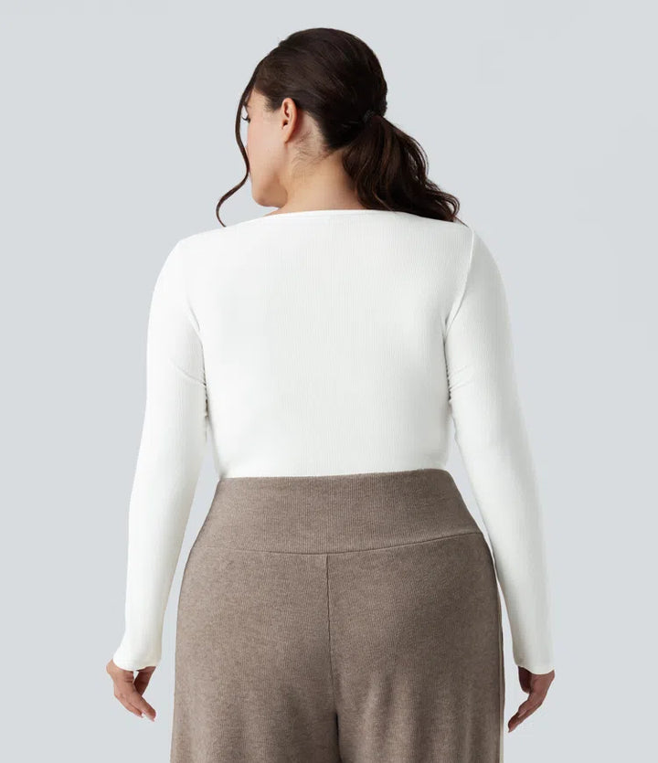 Ribbed Knit Square Neck Long Sleeve Skinny Casual Plus Size Bodysuit
