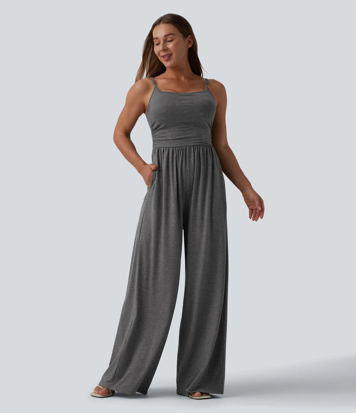 Adjustable Straps Ruched Wide Leg Heathered Casual Jumpsuit with Pockets-Easy Peezy