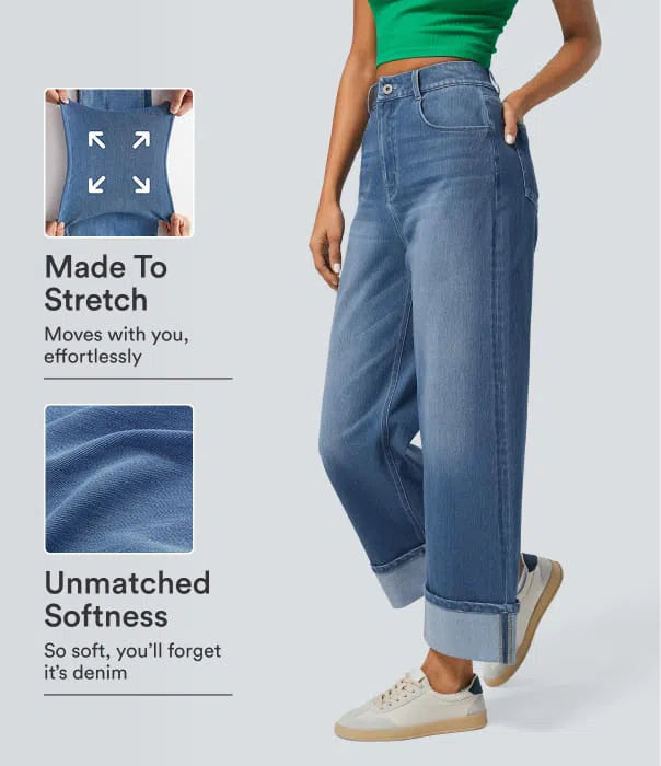 Halara Flex High Waisted Pockets Rolled Hem Wide Leg Washed Casual Jeans