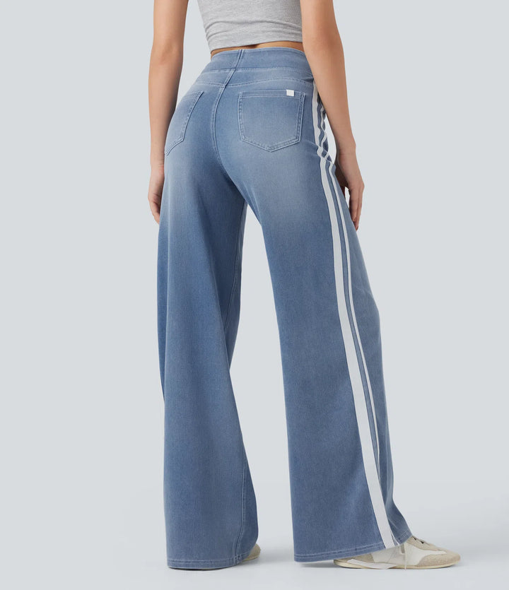 Halara Flex High Waisted Stripe Wide Leg Flowy Washed Casual Jeans with Pockets