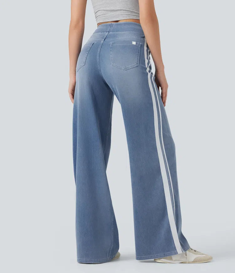 Halara Flex High Waisted Stripe Wide Leg Flowy Washed Casual Jeans with Pockets