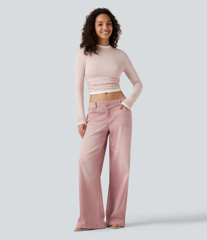 Low Rise Asymmetric Wide Leg Colorful Casual Jeans with Pockets