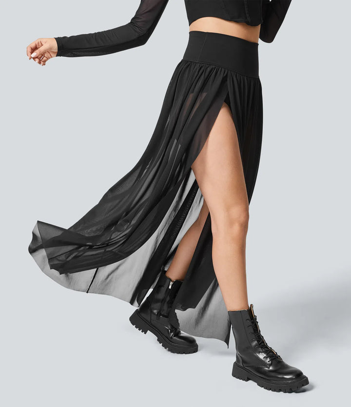 High Waisted 2-in-1 Mesh Flowy Maxi Casual Skirt