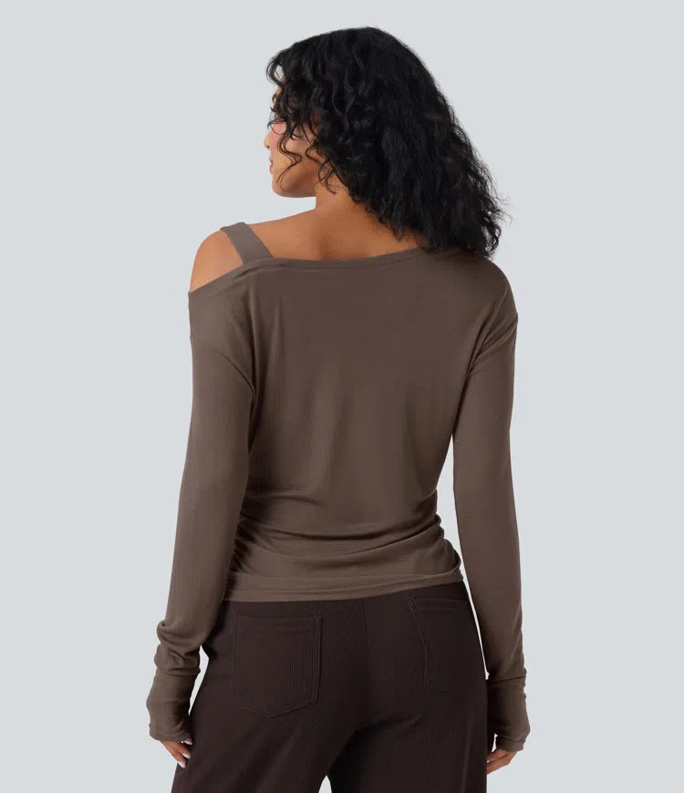 One-Shoulder Long Sleeve Asymmetrical Casual Wool-Blend T-Shirt