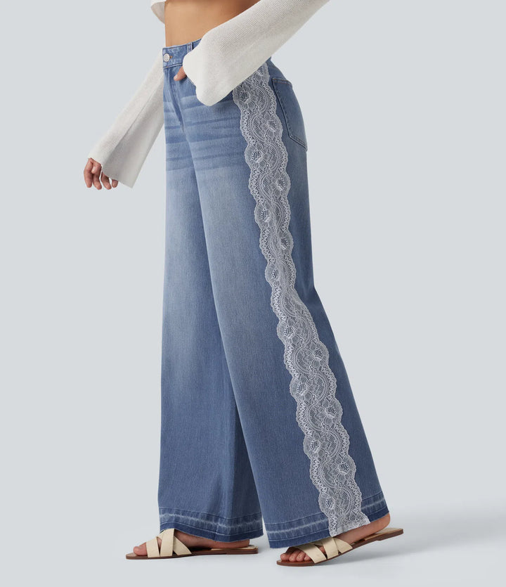 Halara Flex High Waisted Contrast Lace Baggy Casual Jeans with Pockets
