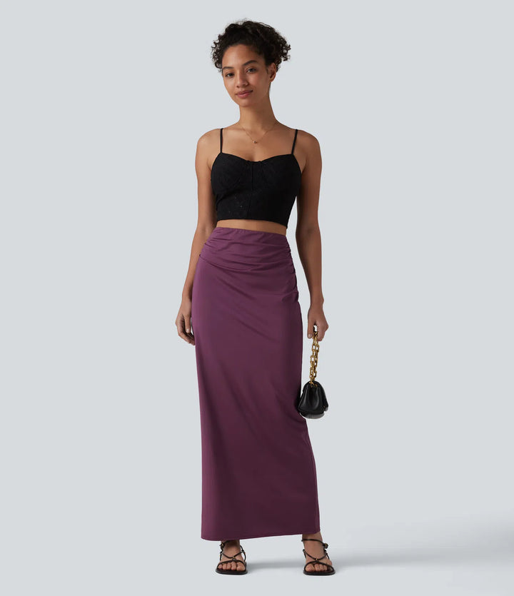 High Waisted Ruched Stretchy Satin-Like InstantCool Maxi Casual Pencil Skirt
