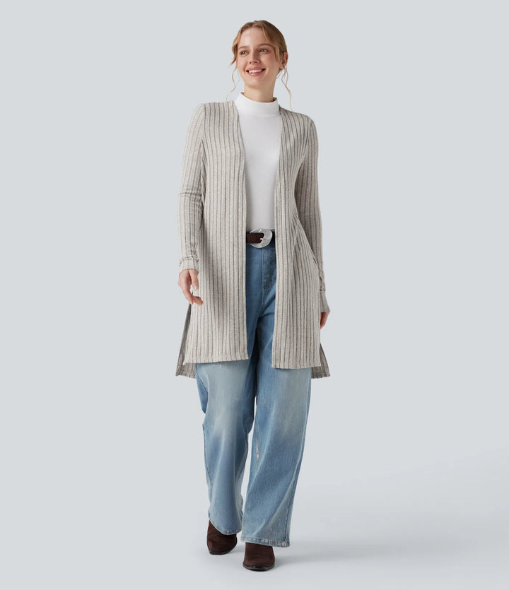 Ribbed Knit Long Sleeve Split Casual Cardigan