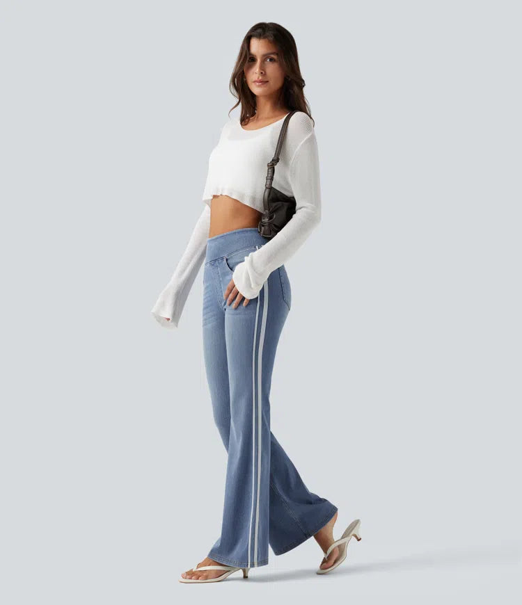 Halara Flex High Waisted Stripe Flare Washed Casual Jeans with Pockets
