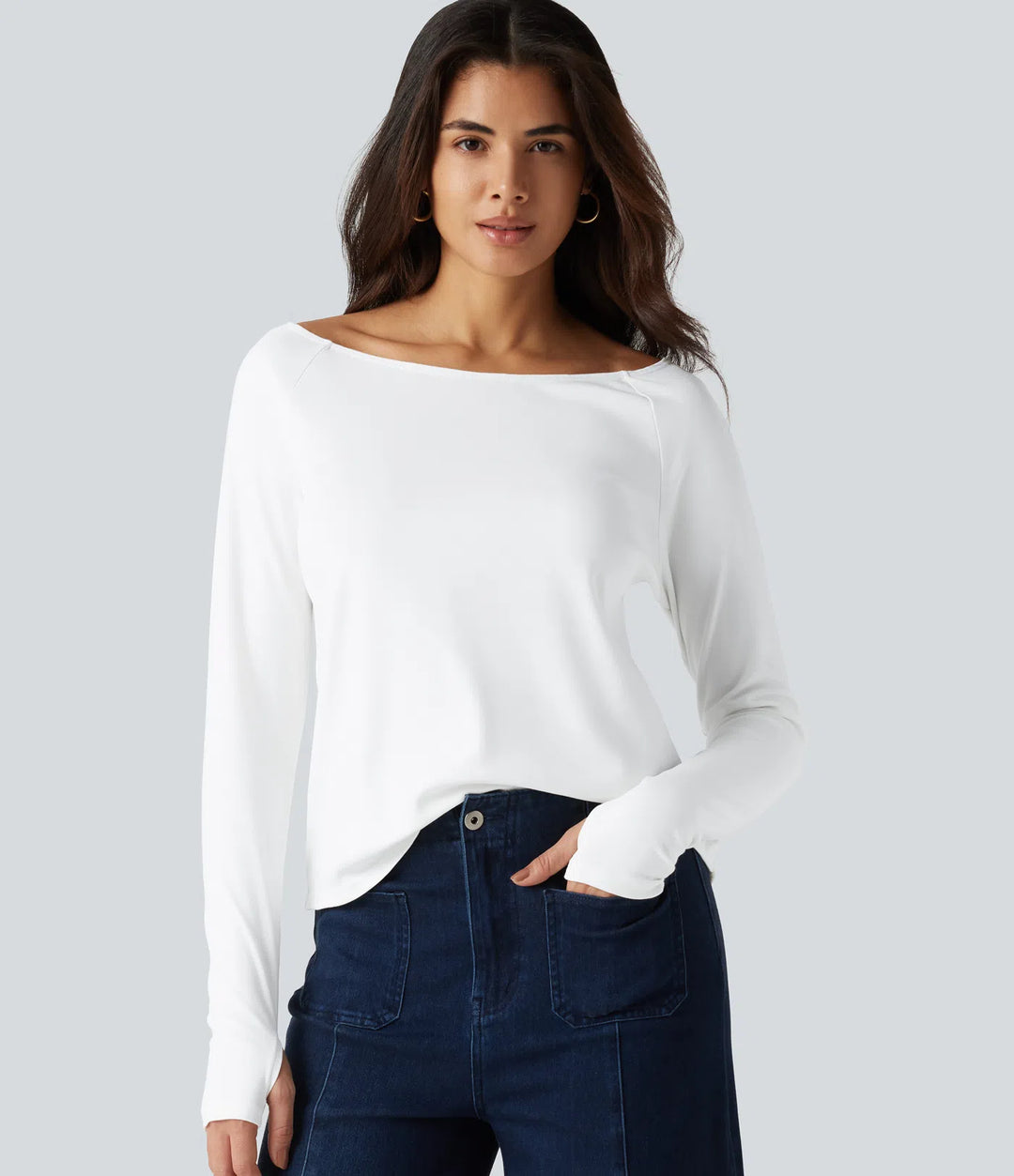 Boat Neck Long Sleeve Thumb Hole Casual Pima Cotton T-Shirt