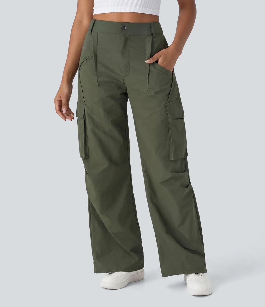 Mid Rise Button Zipper Side Pocket Wide Leg Baggy Casual Cargo Pants