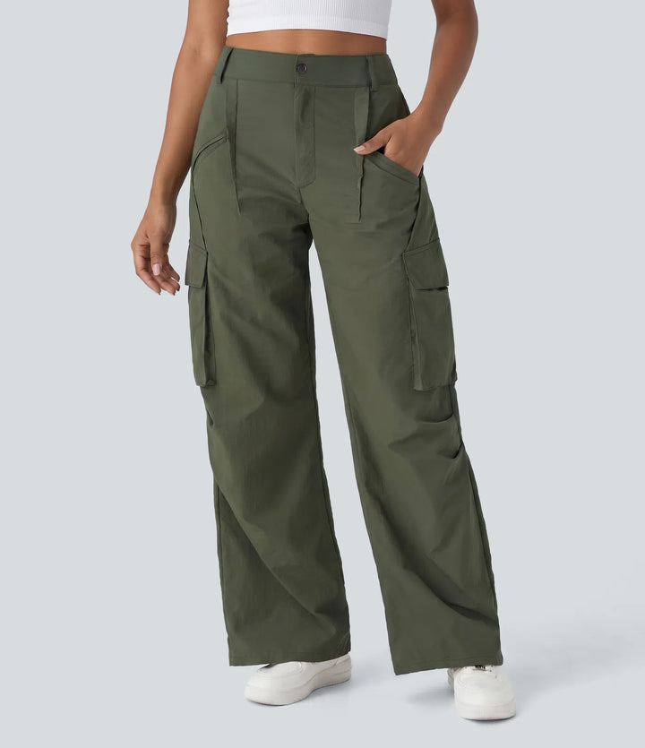 Mid Rise Button Zipper Side Pocket Wide Leg Baggy Casual Cargo Pants