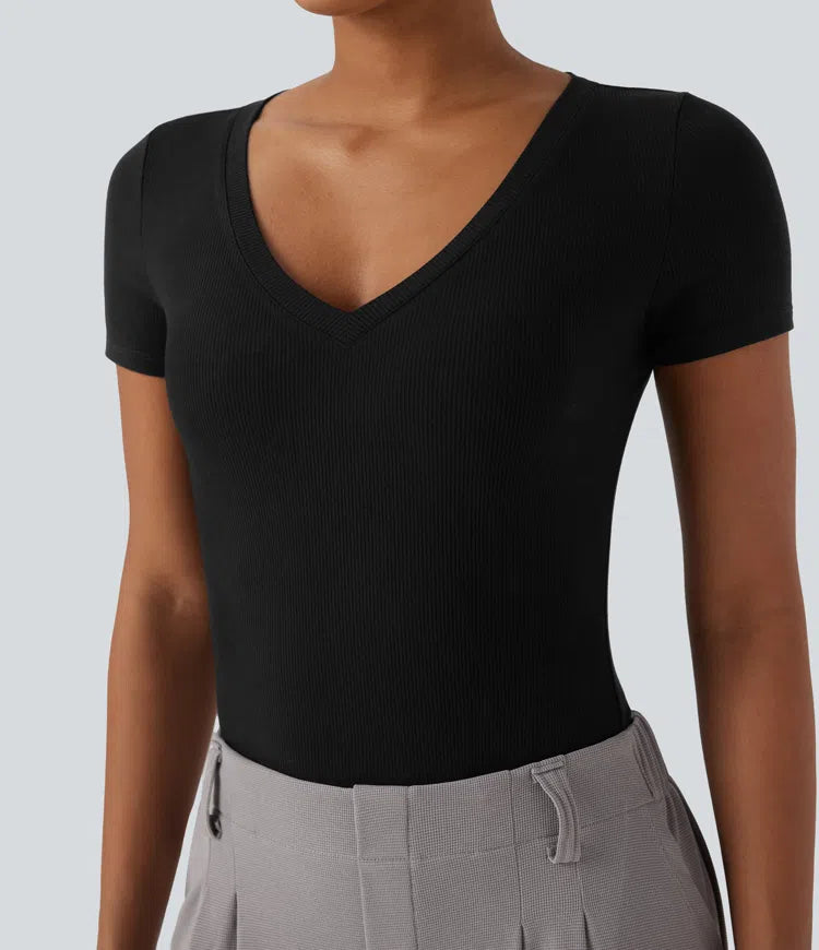 Ribbed Knit V-neck Short Sleeve Work Bodysuit
