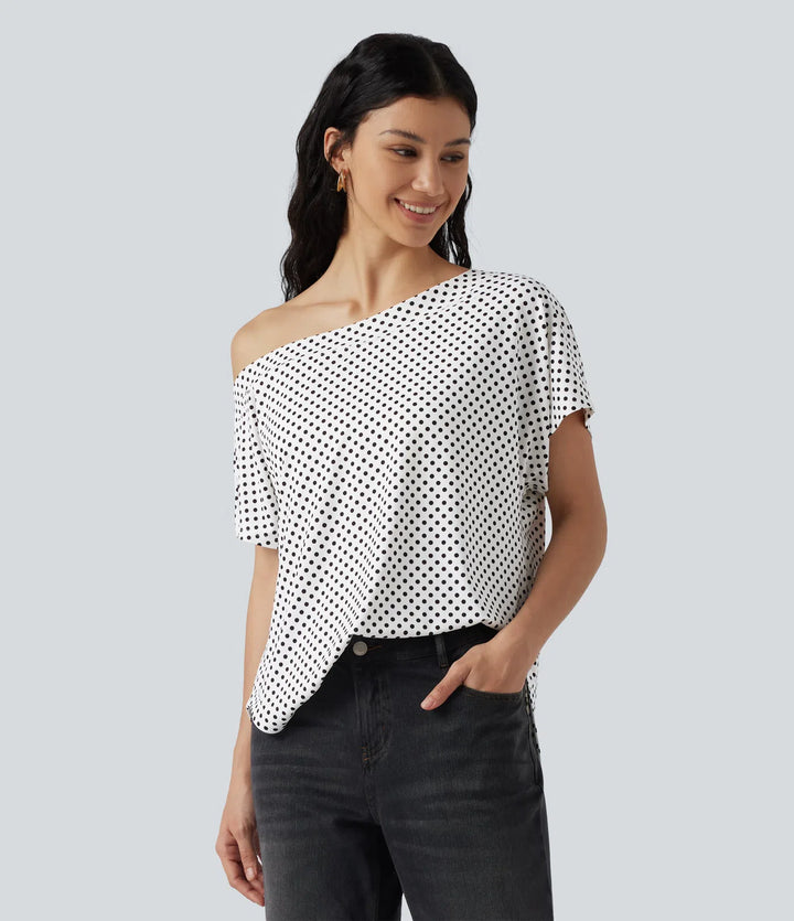 One Shoulder Short Sleeve Curved Hem High Low Built-in Bra Polka Dot Casual Top