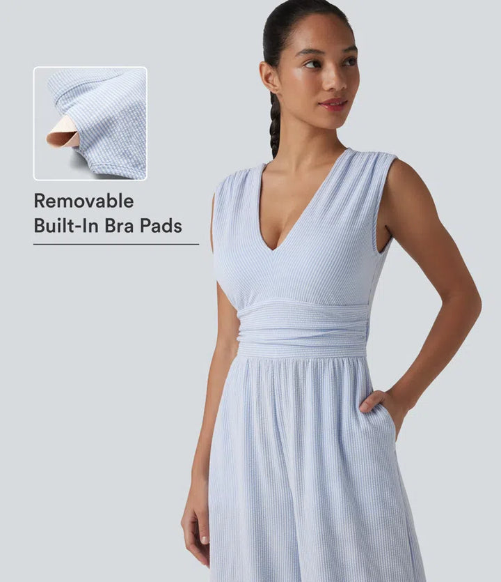 V Neck Sleeveless Built-in Bra Stripe Casual Jumpsuit with Pockets-Easy Peezy Edition