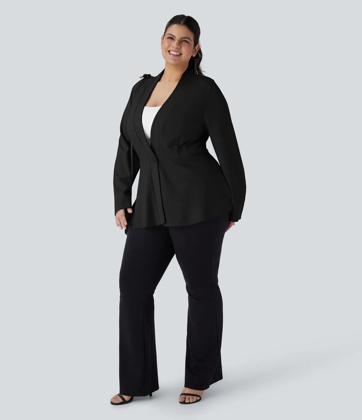 Plus Size V Neck Long Sleeve Single Front Work Peplum Jacket