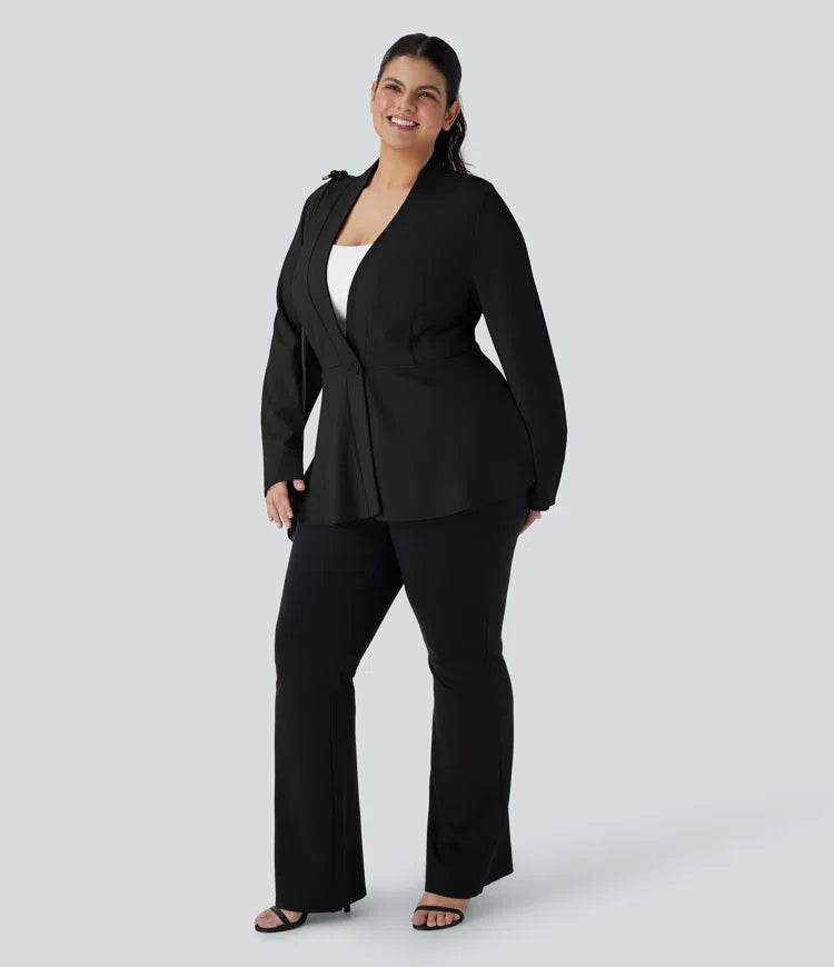 Plus Size V Neck Long Sleeve Single Front Work Peplum Jacket