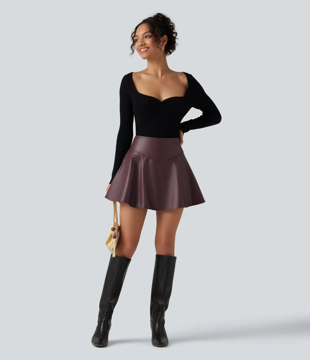 High Waisted Tummy Control Fleece Casual PU Leather Mini Skirt with Built-in Shorts and Pockets