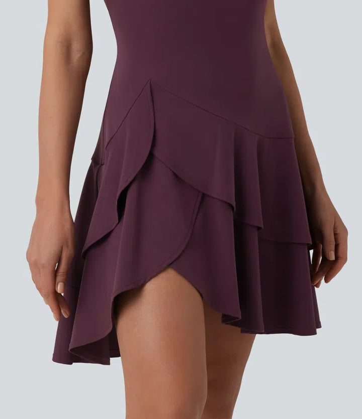 SoftlyZero Airy Round Neck Sleeveless Layered Ruffle Hem InstantCool Mini Casual Dress
