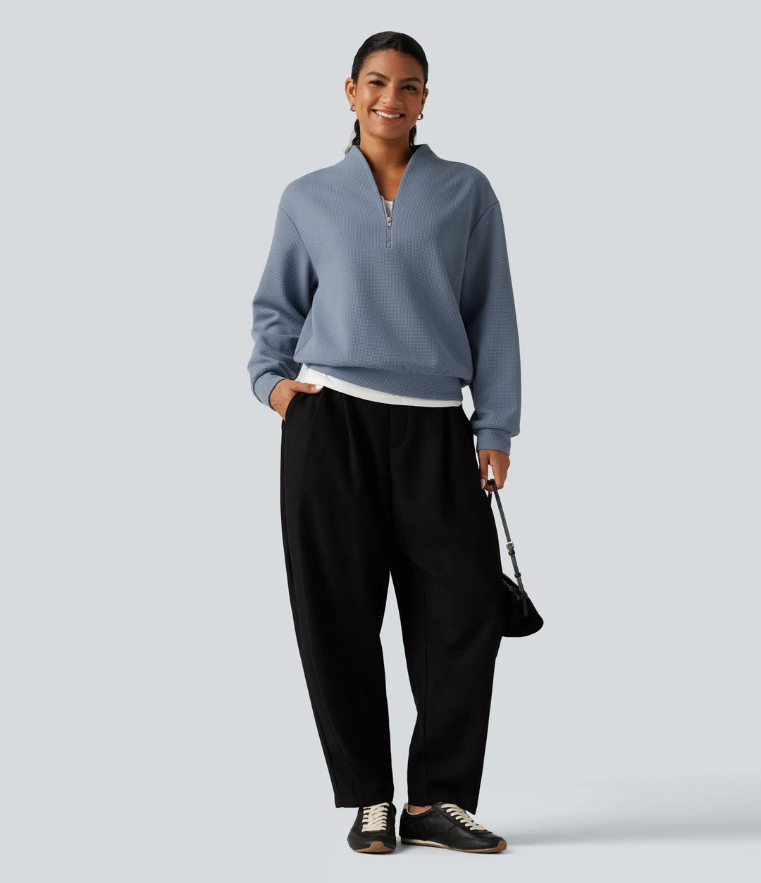 V Neck Long Sleeve Waffle Casual Sweatshirt