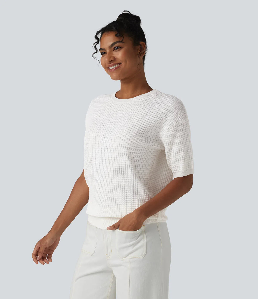 Round Neck Short Sleeve Waffle Casual Sweater